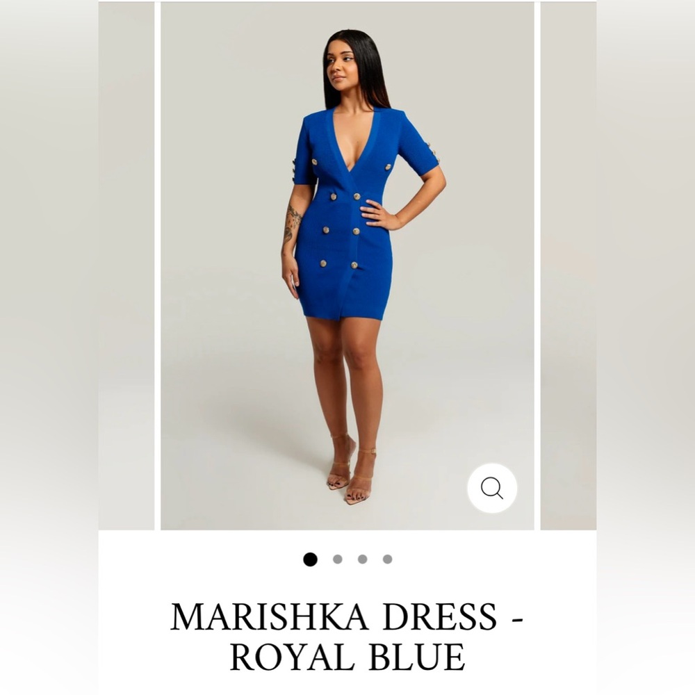 NWT ‘Marishka’ Bodycon Knit Mini Short Sleeve Dress Royal Blue Gold Button Up M